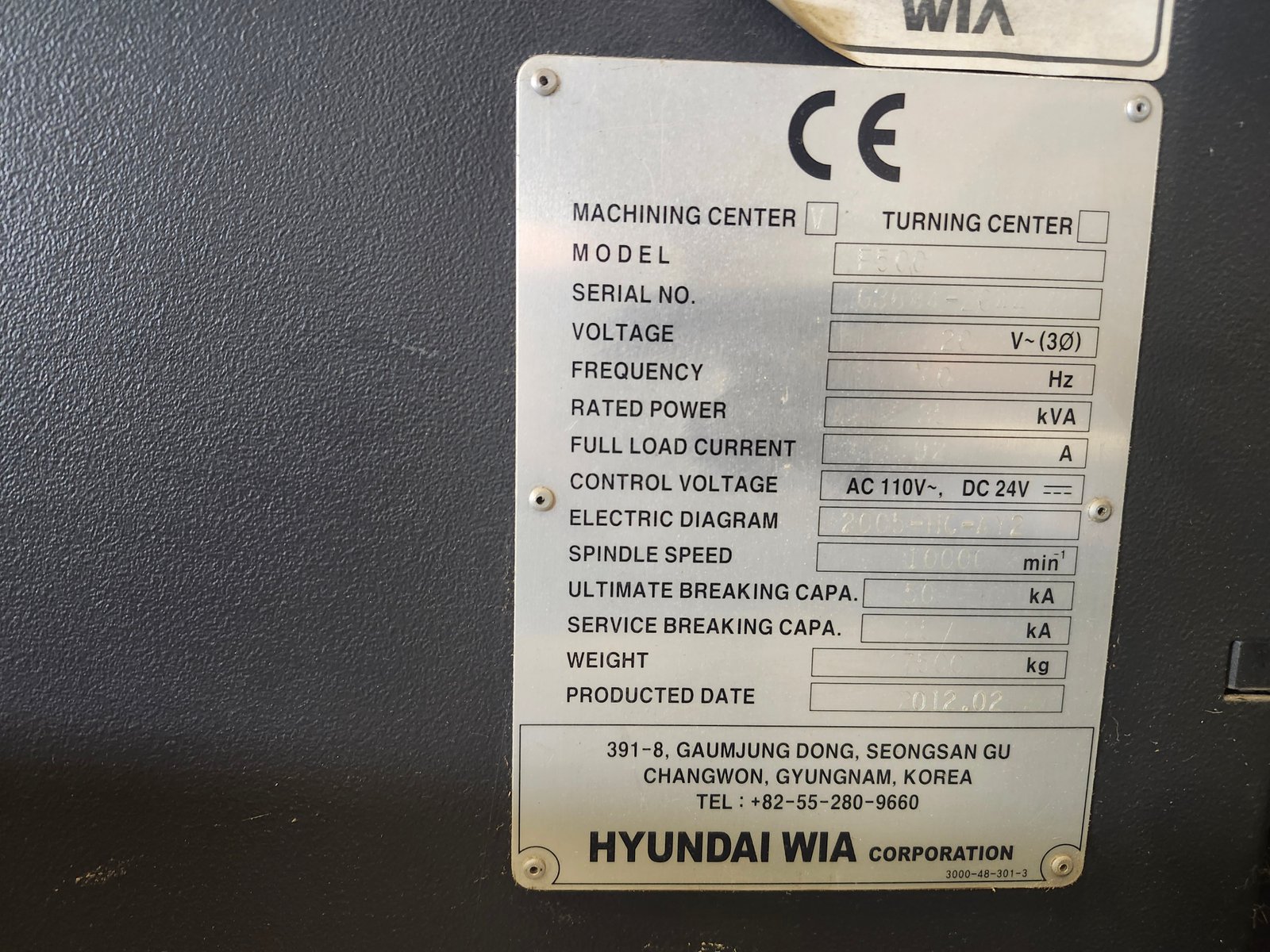 Name Plate of 2012 Hyundai WIA F500 vertical machining center.