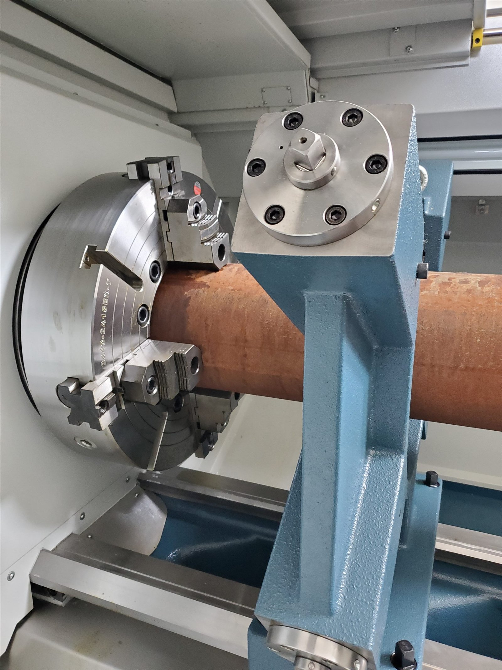 CNC lathe chuck holding a workpiece