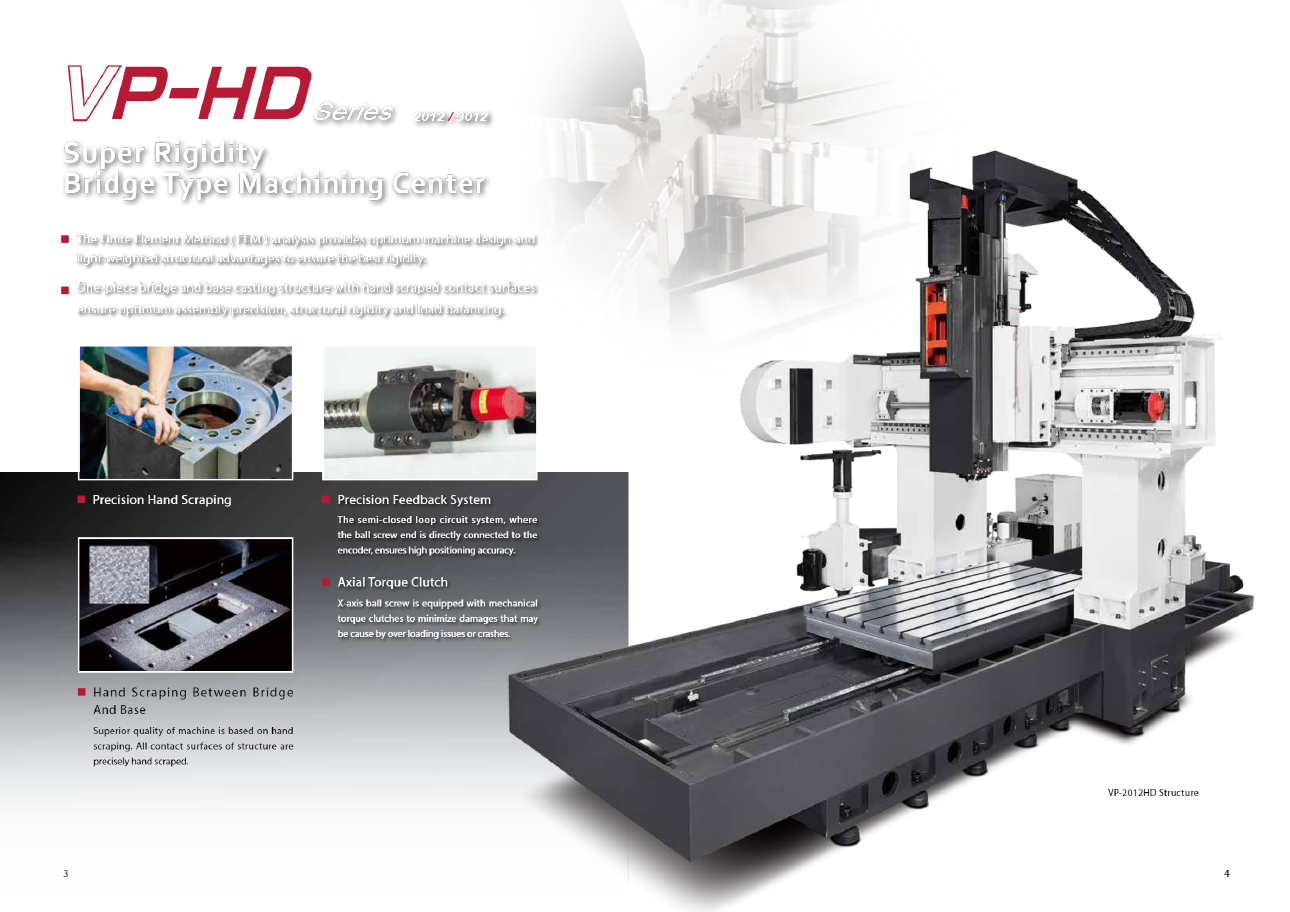 VP-HD Series 2012 / 3012 Super Rigidity Bridge Type Machining Center The Finite Element Method ( FEM ) analysis provides optimum machine design and light-weighted structural advantages to ensure the best rigidity. One-piece bridge and base casting structure with hand scraped contact surfaces ensure optimum assembly precision, structural rigidity and load balancing. Precision Hand Scraping Precision Feedback System The semi-closed loop circuit system, where the ball screw end is directly connected to the encoder, ensures high positioning accuracy. Axial Torque Clutch X-axis ball screw is equipped with mechanical torque clutches to minimize damages that may be cause by over loading issues or crashes. Hand Scraping Between Bridge And Base Superior quality of machine is based on hand scraping. All contact surfaces of structure are precisely hand scraped. VP-2012HD Structure 3 4